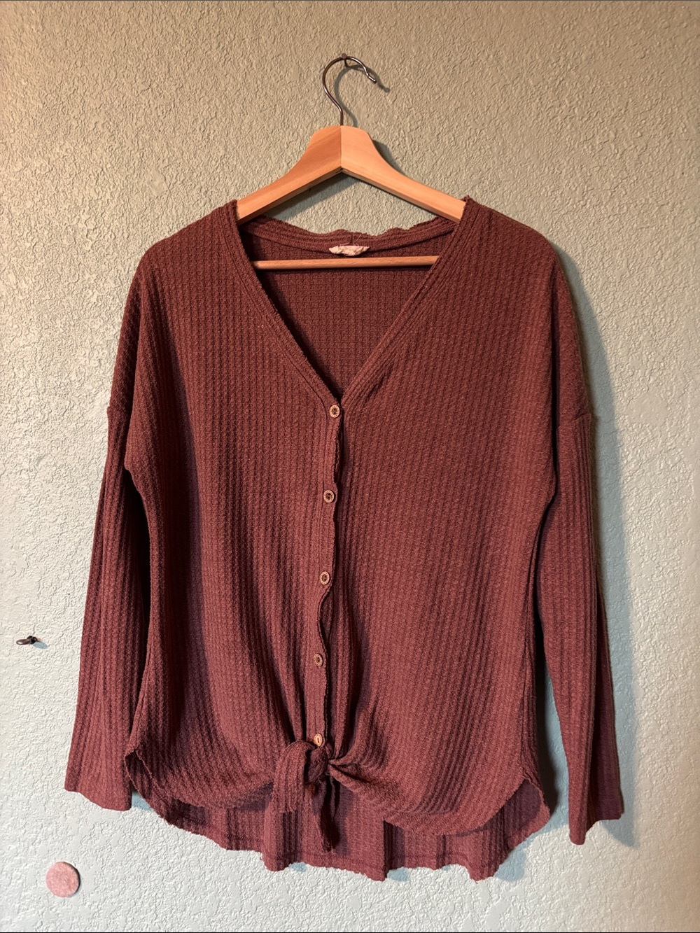 Main Strip Women’s Button-Front Rust Ribbed Knit Cardigan Waist Tie Size S Good